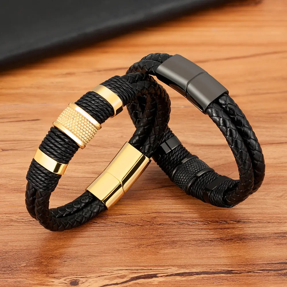 Woven Leather Rope Wrapping Stainless Steel Men's Leather Bracelet