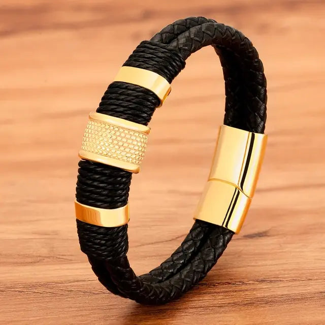 Woven Leather Rope Wrapping Stainless Steel Men's Leather Bracelet