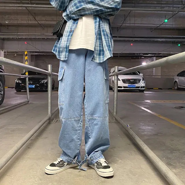 Men Jeans Wide Leg Denim Pants Loose Straight Baggy