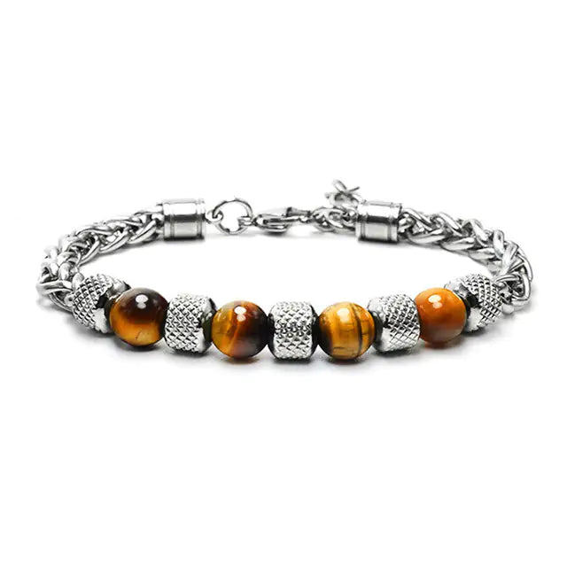 New Men's Adjustable Natural Stone Bead Stainless Steel Bracelet